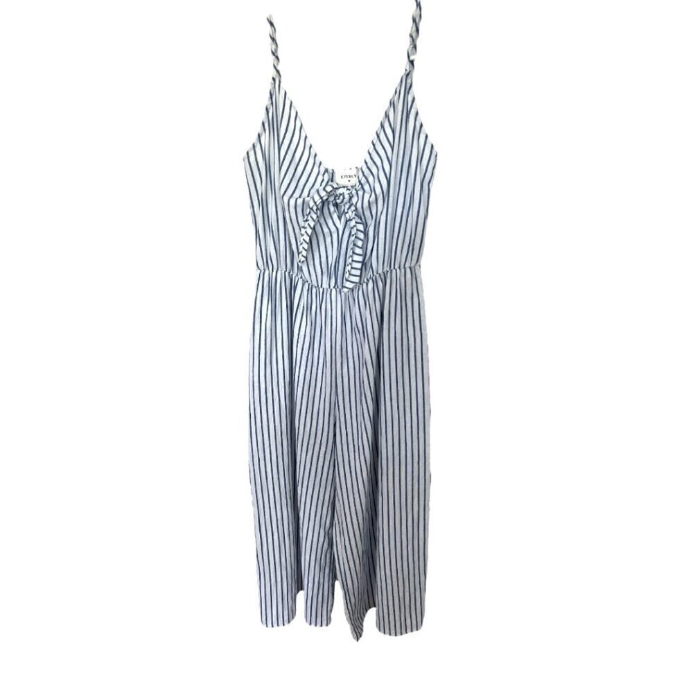 Women's Nautical White Blue Pinstripe Wide Leg Cropped Jumpsuit Front Knot Small